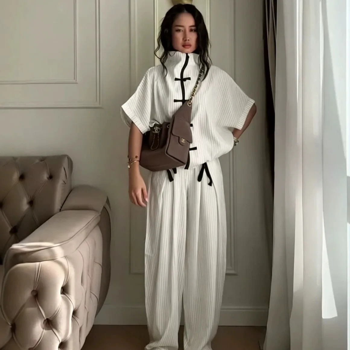 

Chinese Style Women Two Piece Set Stand Collar Short Sleeve Top High Waist Wide Leg Pants Casual Two Piece Set Daily Outfit 2026
