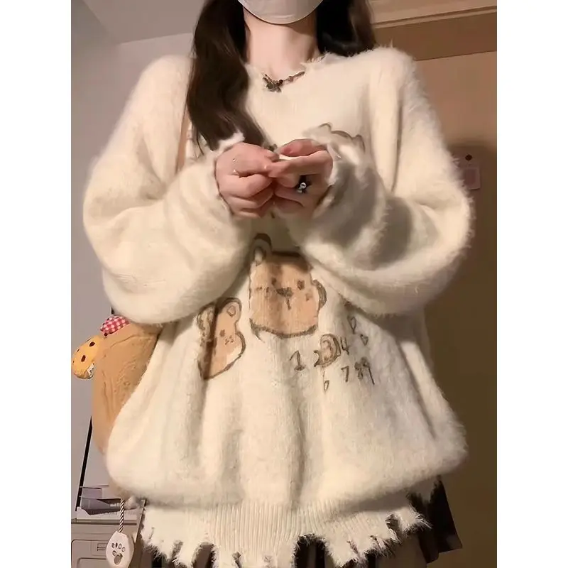 QWEEK Y2k Bear Print Sweater Knitted Soft Pullovers Women Long Sleeve Autumn Winter Korean Style Casual Loose Hooded Outerwears