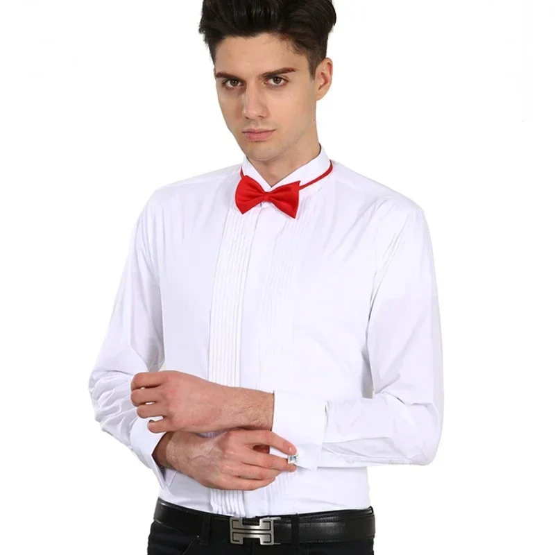 2024 New Business Stand Collar Wedding Tuxedo Dress Shirt For Men White French Cufflink Long Sleeve Shirt For Men