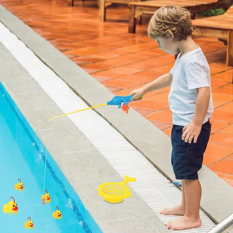 Juguete de pato para bañera, juguete de ducha para piscina con red de pesca, poste de pesca y 7 de goma