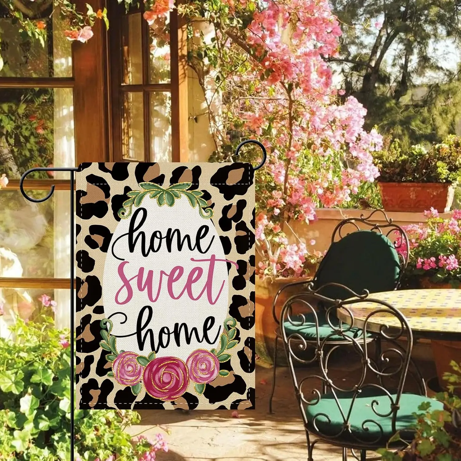 Dyrenson Home Sweet Home Leopard Print Decorative Garden Flag, Cheetah Rose Flower Yard Outside Home Decoration, Floral Burl SSL