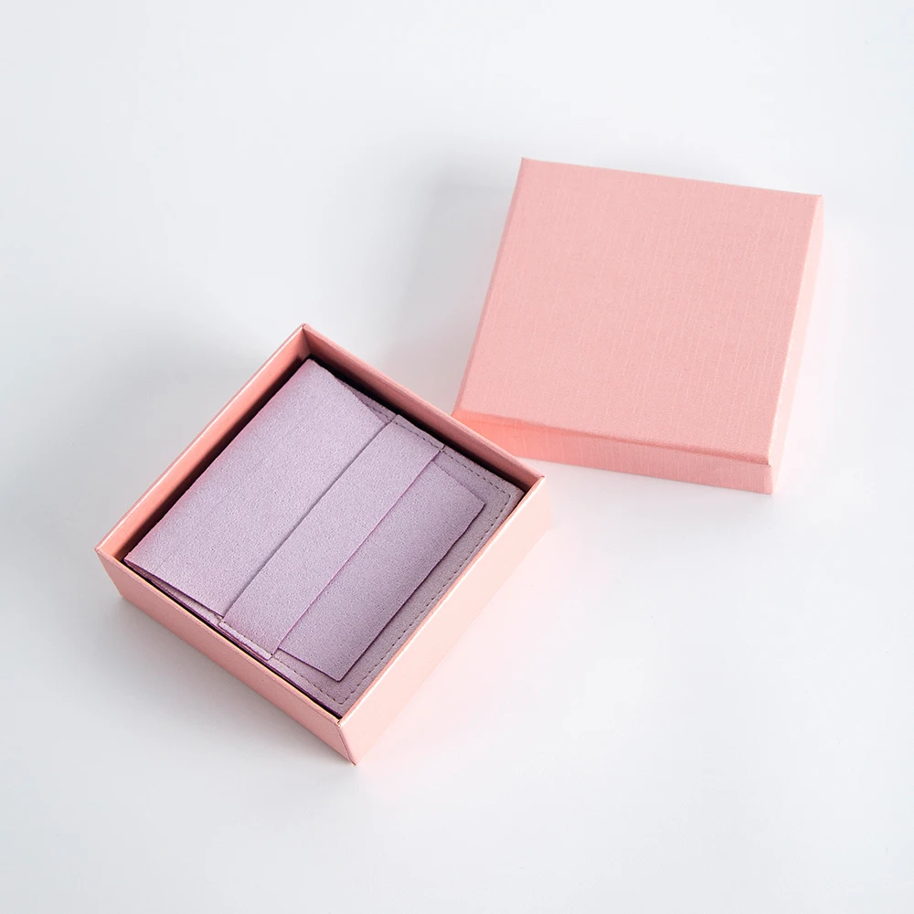 Pink 7x7x3cm Jewelry Paper Box With 6.2x6.2cm Microfiber Strip Bag For Rings Earrings Pendant Necklace Organizer Wedding Favors