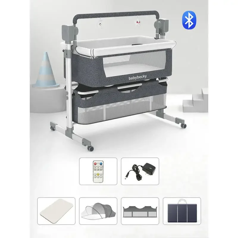 Mecedora eléctrica para cuna de muelle para recién nacido, 3 temporizadores, 5 modos de columpio, cama para bebés, cuna de viaje junto a la cama ajustable en altura