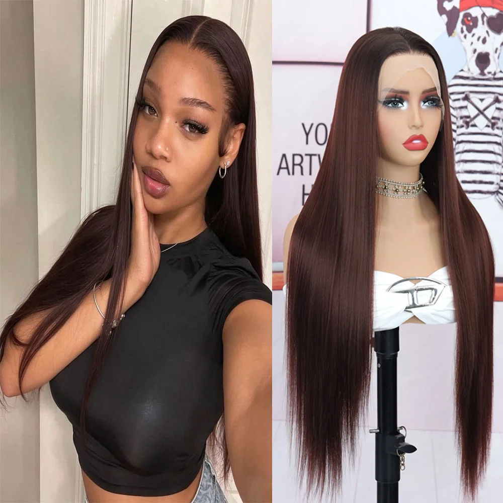 Lace Front Wig Synthetic Wine Red Hair 13x4 Deep Part Glueless Wig Gradient Dark Roots to Wine Red Ombre Deep Top Fiber, Pre-Plucked Natural Hairline with Baby Hair, Heat Resistant for Daily Party Cosplay Use