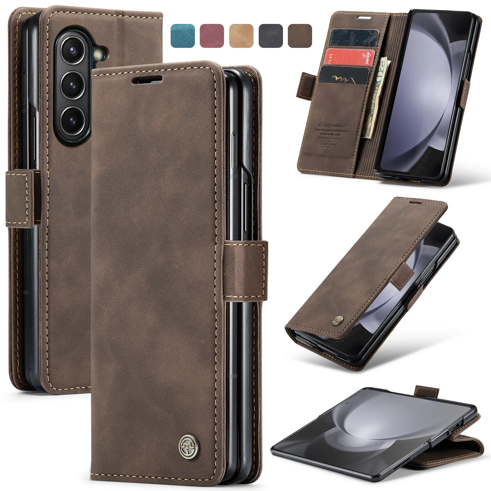 

For Samsung Z Fold 7 Phone Case Change Card Case Magnetic Side Buckle For Galaxy Fold 6 5 4 Vintage Frosted Flip Leather Case