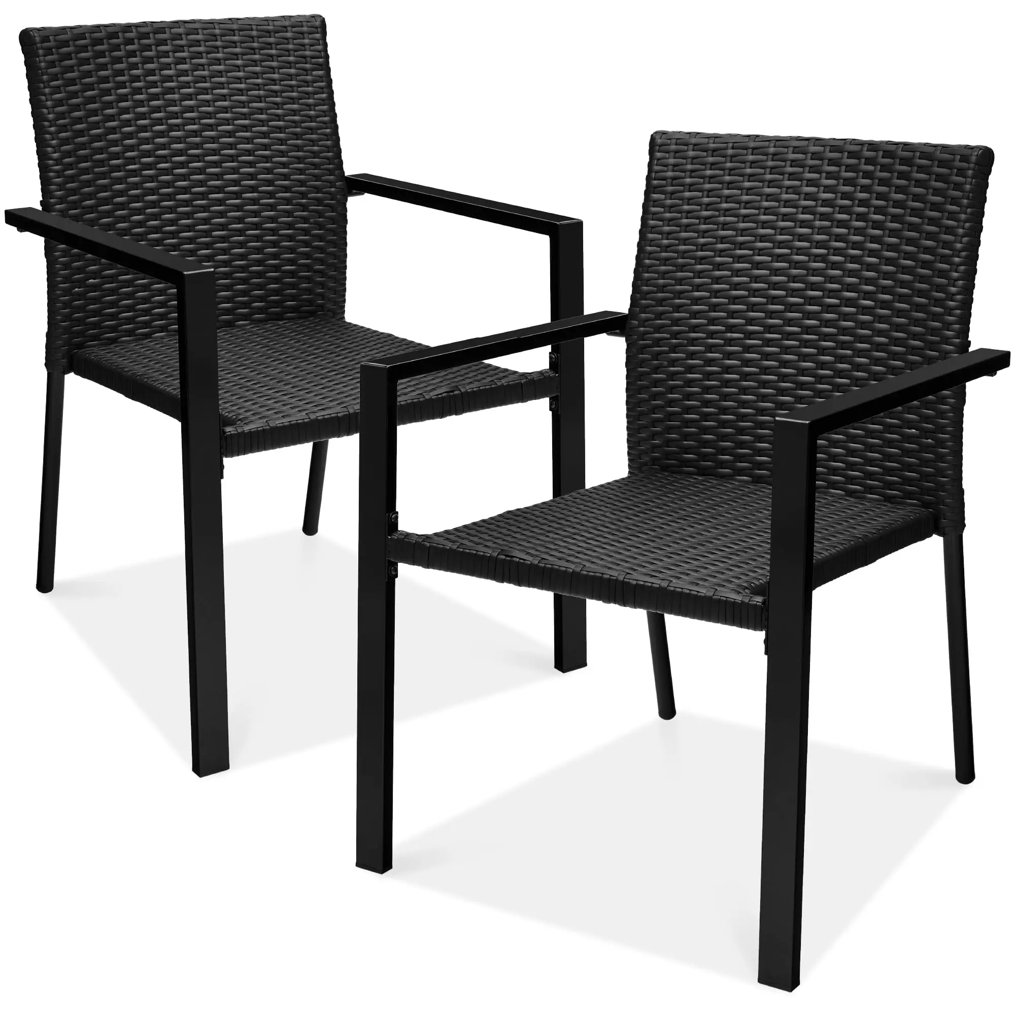 Set of 2 Stackable Outdoor Wicker Dining Chairs All-Weather Firepit Armchair w/Armrests, Steel Frame for Patio, Deck