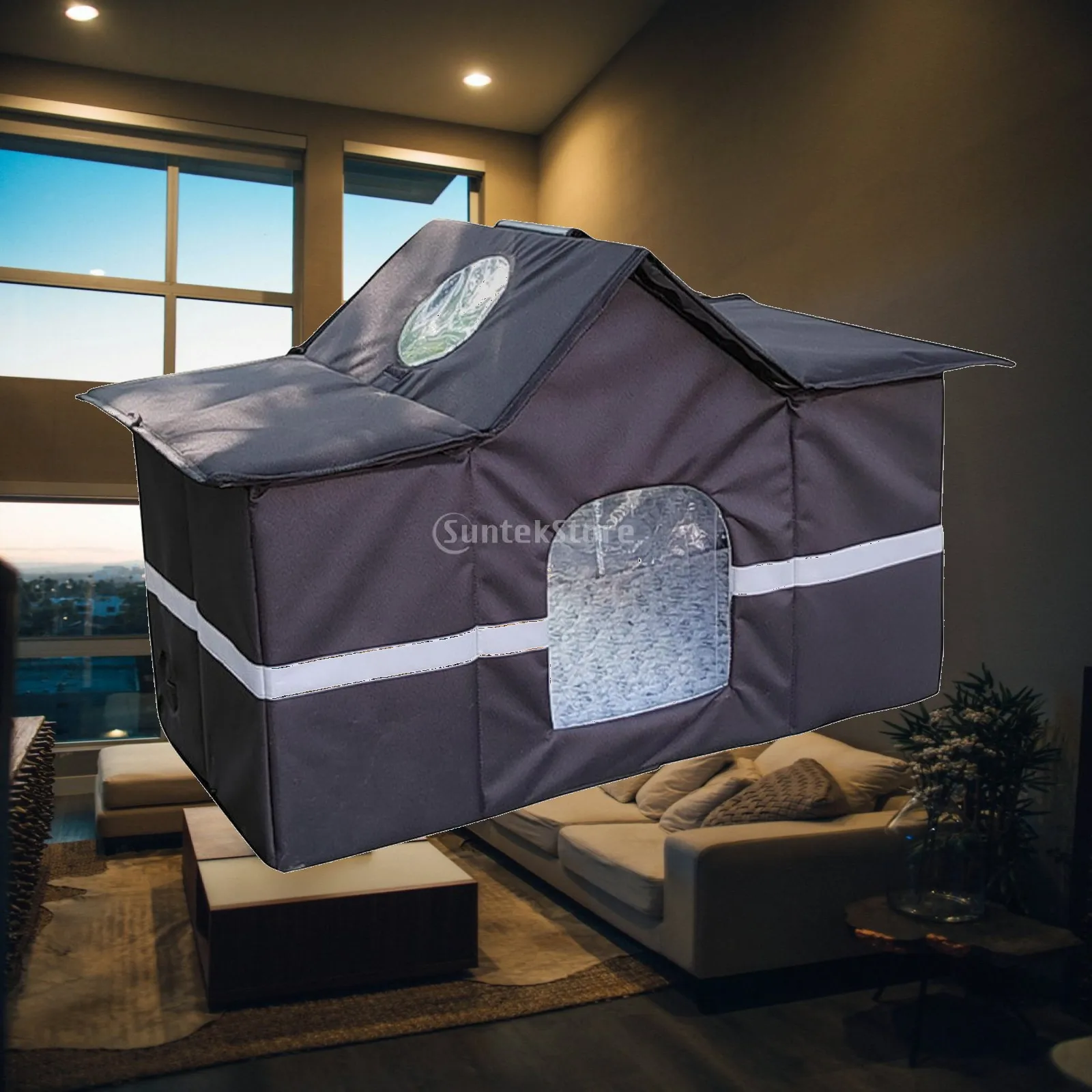 Portable Outdoor Cat Shelter House with PVC Door Flap Black Oxford Cloth Raised Bottom for Winter Stray Cats