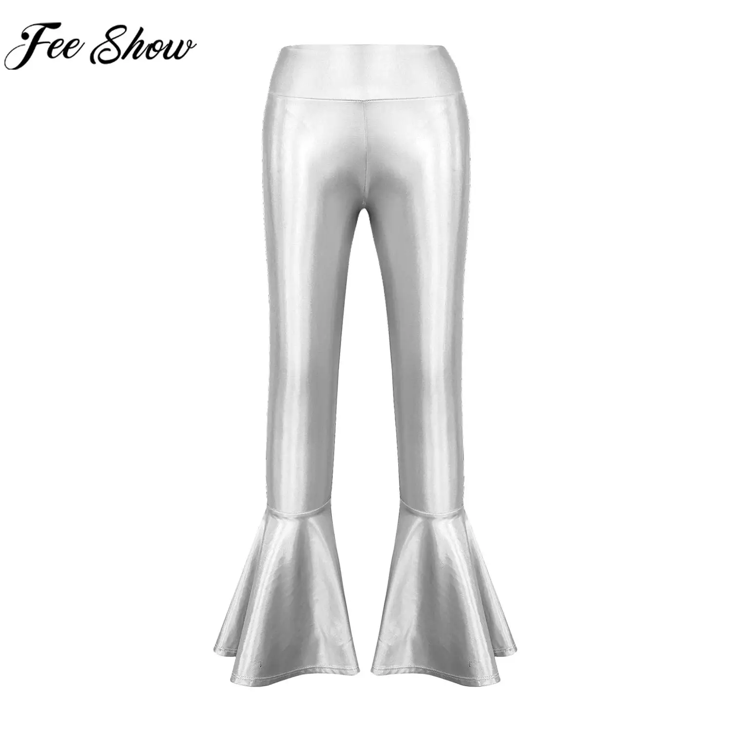 Kids Girls Metallic Shiny Bell-bottom Pants Glossy Bronzing Cloth Leggings Trousers Daily School Dance Stage Performance Costume