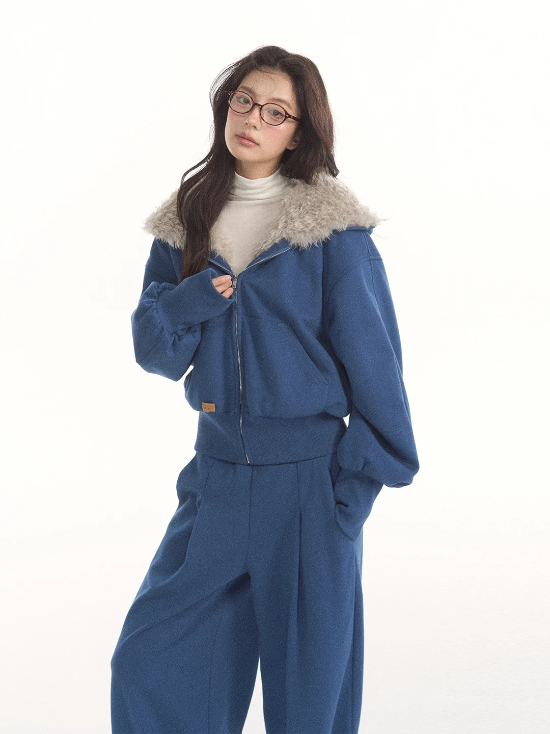 7Shiftin Original Design Plush Knitted Set Lantern Sleeve Invisible Pocket Wide Leg Sweatpants Women's Fashion Set Autumn Win...