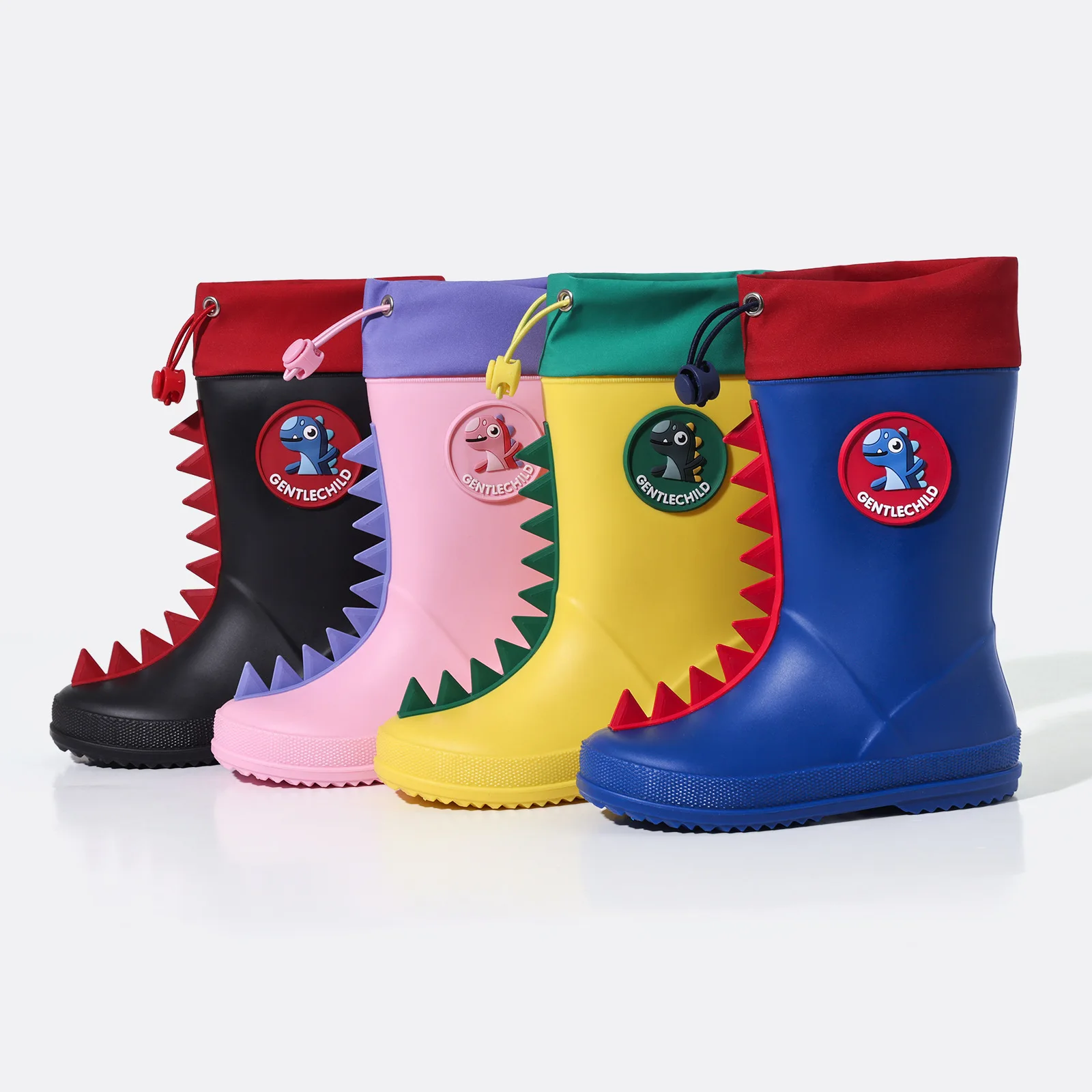 New Kids' PVC Rain Boots with Drawstring 3D Cartoon Dinosaur Mid-Calf Rain Boots Boys Girls Children Aged 2-10 Waterproof Shoes