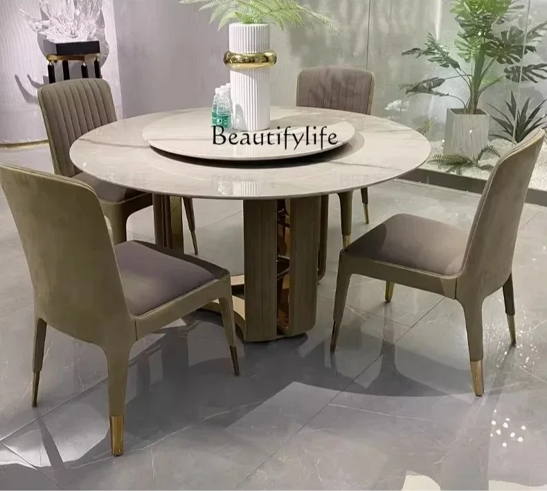 

FG10*light luxury marble dining table villa large luxury stone stainless steel round dining table