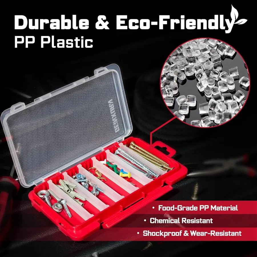 Organizador de piezas de almacenamiento plano pequeño, caja de herramientas de piezas pequeñas de plástico transparente portátil roja con divisores extraíbles para uso eficiente, 2 uds.