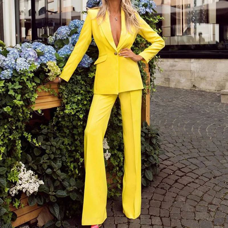 

2024New Elegant Women Pantsuit Solid Blazer Straight Pants Suit Sets 2Piece Bright Color Office Outfits For Female ropa de mujer