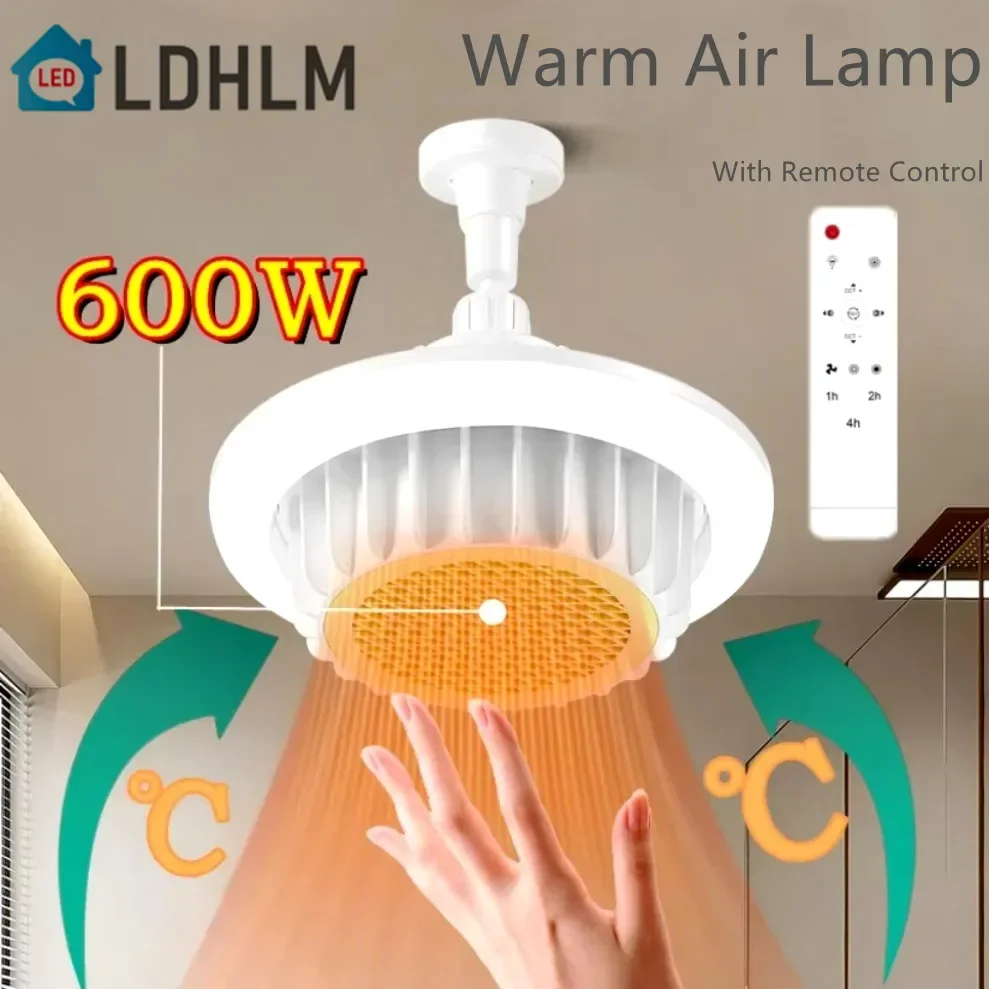 

600W E27 Remote Control Warm Air Lamp Whole House Heating Dimming High-Power Spiral Electric Heater Fan Light Ceiling Fan Light