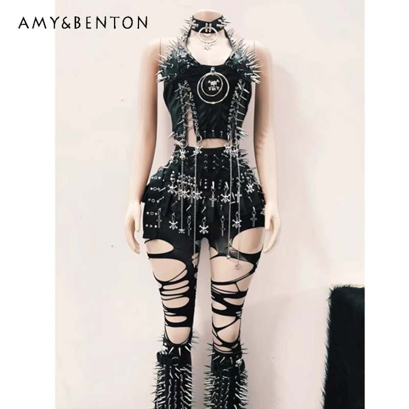 

Original Design Black Punk Rivet Women's Vest 2025 Goth Hot Girl Hollow Out Leg Cover Dark Heavy Industry Shorts Suit Ladies