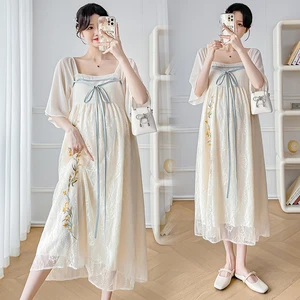 Vestido de renda bordado estilo chinês para gestantes, vestido maternidade hanfu, doce colarinho quadrado, feriado de gravidez, verão 10 principais vendas pregnant qipao - №3