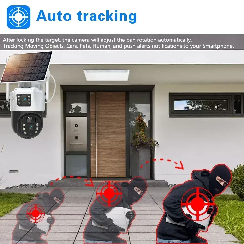 PTZ Dual Lens Solar Outdoor Security Camera, Monitoramento Inteligente do Bebê, Câmera PTZ, Detecção PIR, À Prova D 'Água, 4G Sim Card, 8MP, V380 Pro