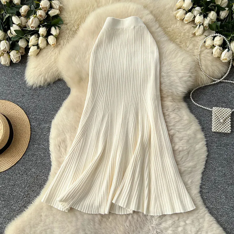 Female French Knitted Mermaid Skirt Autumn Stretch High Waist Rib Knit Classy Winter Thick Versatile Basics Long Skirt