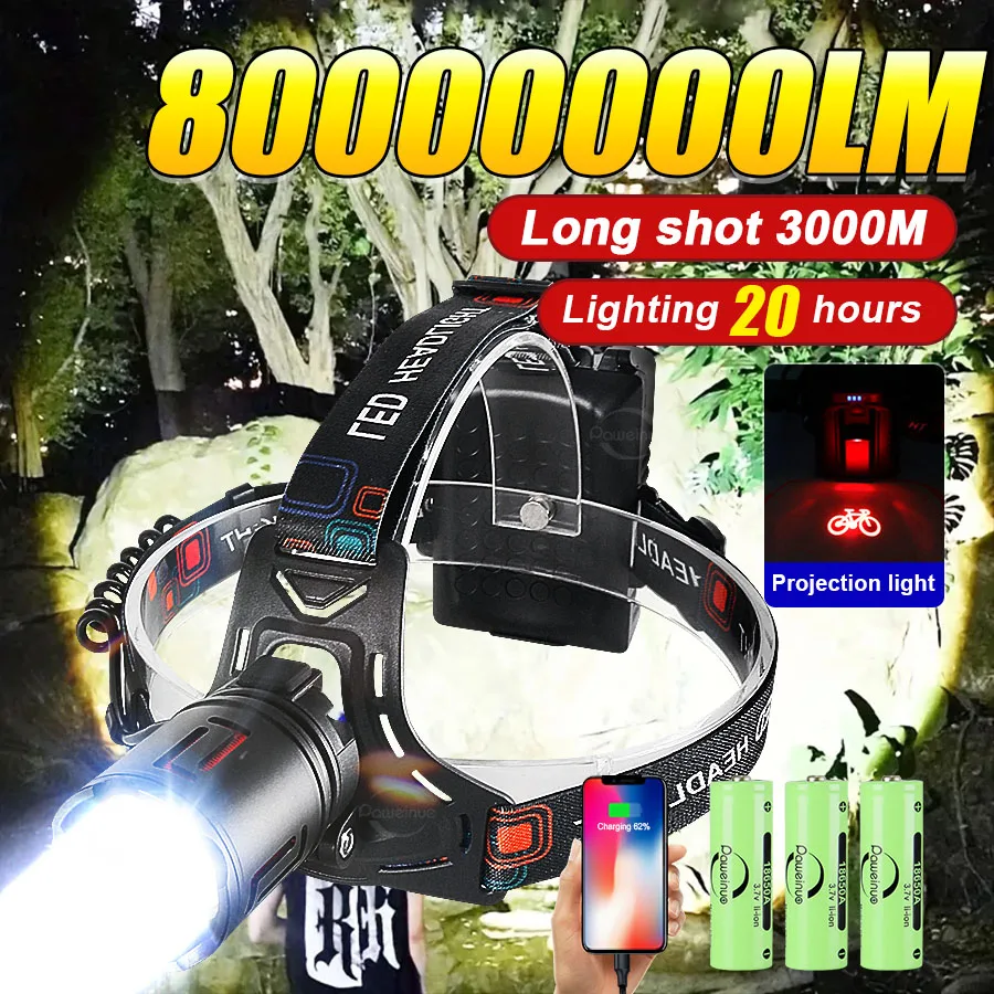 80000000LM Powerful LED Headlamp Long Range Headlight 18650 USB Rechargeable Head Flashlight High Power Fishing Head Lamp Light