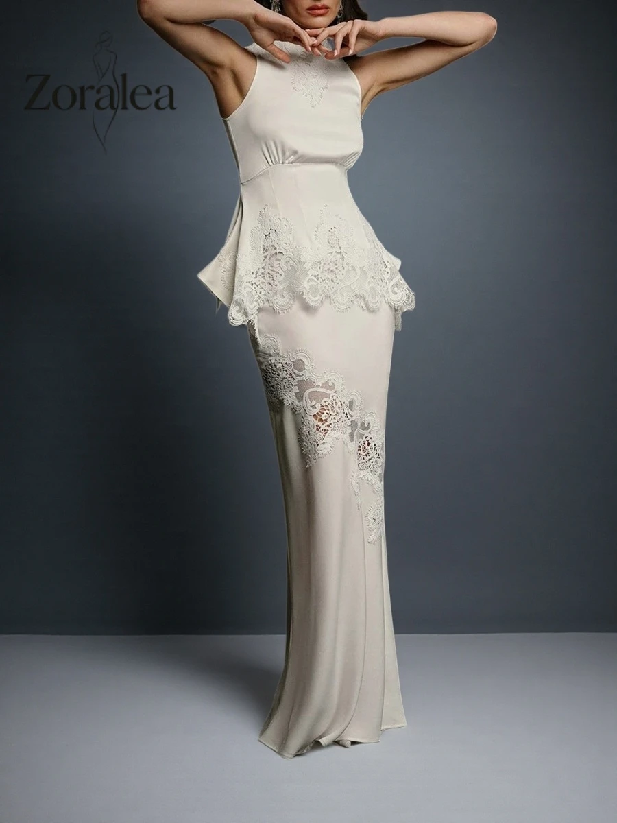 

Zoralea Elegant White Satin Lace Two-Piece Set - Halter Neck Top & Maxi Skirt for Women's Wedding Party Evening Event