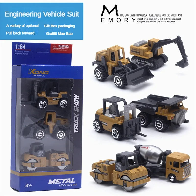 1:64 6 alloy construction vehicle models 3-piece set, excavator mixer forklift car model, toy