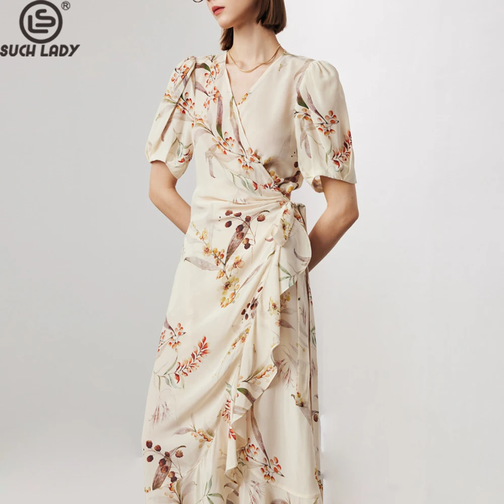 

100% Natural Silk Women's Dresses V Neck Short Sleeves Ruffles Lace Up Elegant Fashion Casual Vestidos