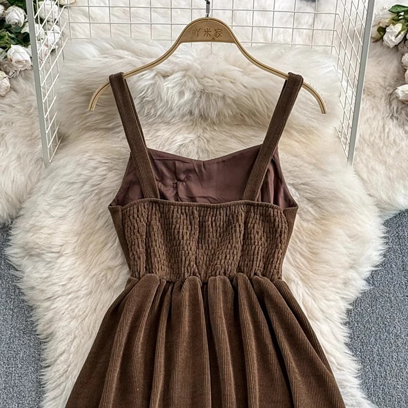 Casual Spaghetti Strap Long Dress Women Spring Autumn Corduroy Dress Streetwear Sleeveless Elegant Sundress