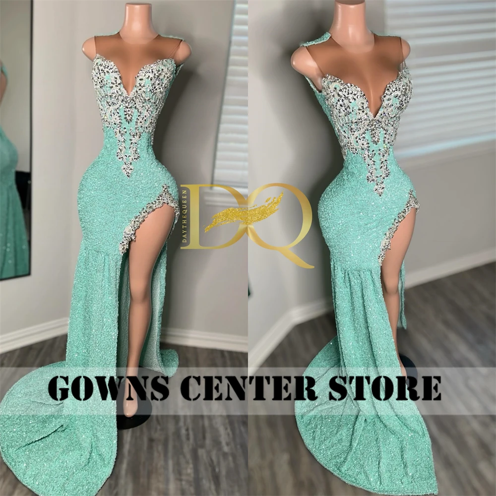 Mint Green Sequin High Split Rhinestones Prom Dresses for Black Girl Sexy See Thru Beaded Mermaid Prom Party Gowns 2024 O Neck