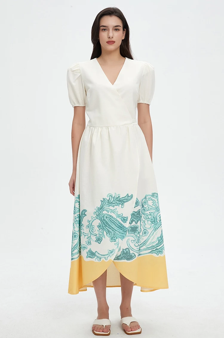 

Parc Fee Summer Loose Print Linen Women Dress 2025 Casual V-Neck Short Sleeve Midi Dresses Elegant Classic Lace-Up Female Dress