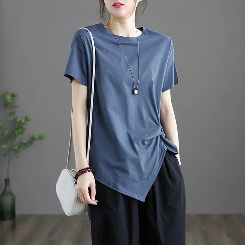 Fashion O-Neck Loose Folds Shirring T-Shirt Female Clothing 2023 Summer New Oversized Casual Pullovers Tops Irregular Tee Shirt