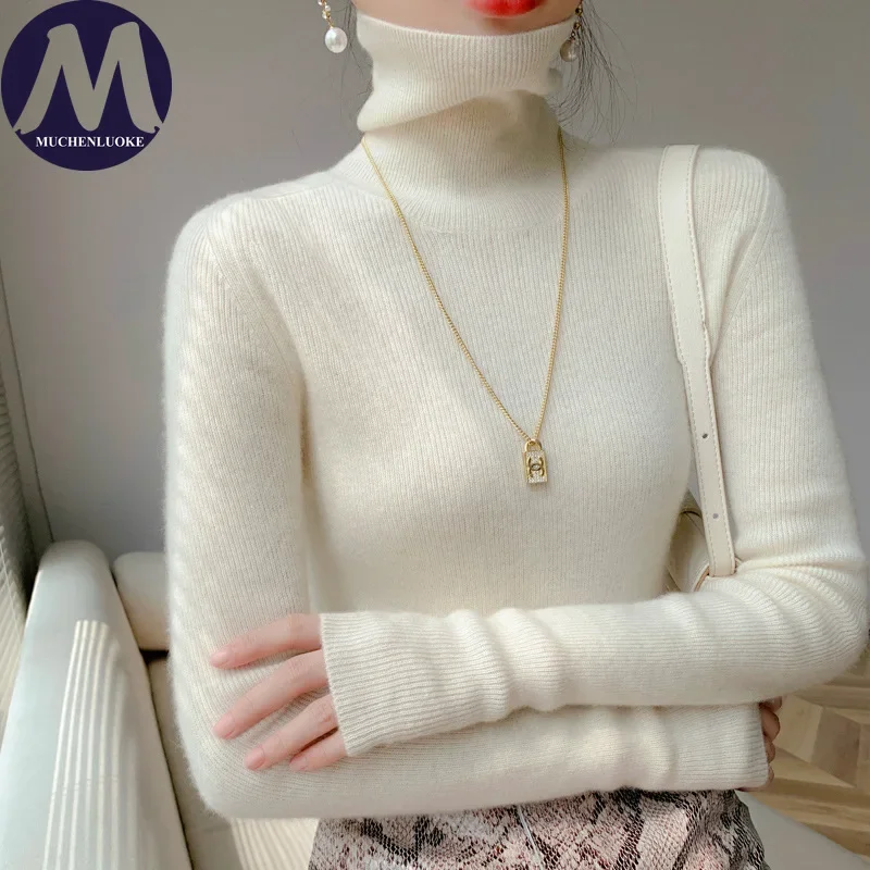 Sweter damski jesień zima nowy elegancki długi rękaw wysoki kołnierz dzianinowy sweter modny dopasowany obcisły sweter