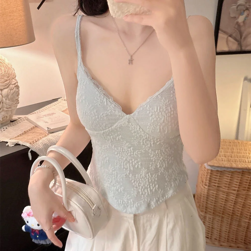Summer New Pure Desire Lace V-neck Strap Vest Women Slimming Inner Wear Integrated Chest Pad Top Women's Fashion