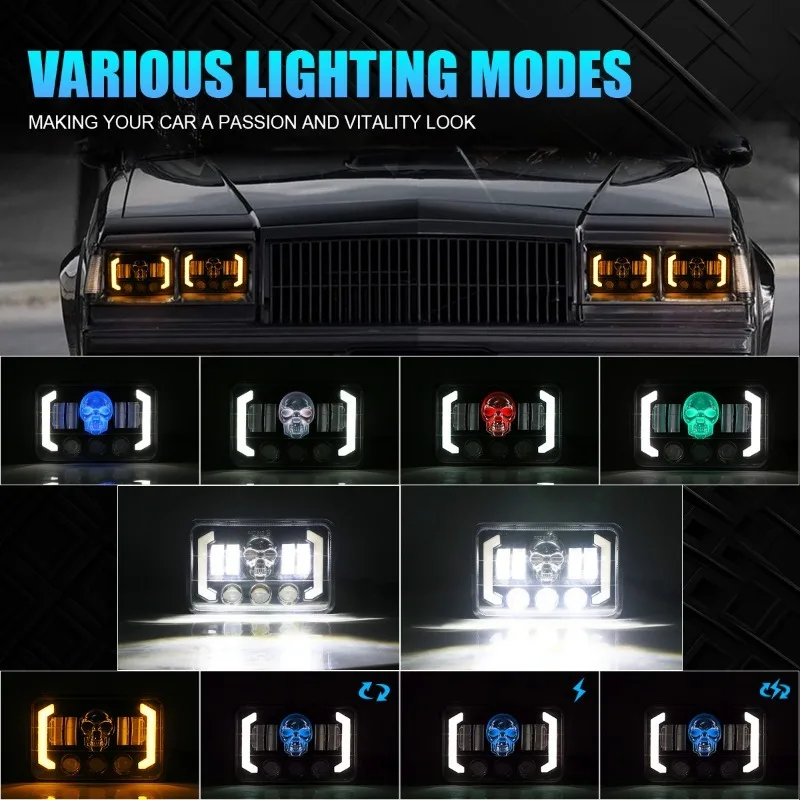 

2 шт. светодиодные фары 4x6 дюймов, красочные светящиеся DRL с черепом для грузовика Jeep Chevy Ford 4WD, внедорожные фары 6000K 150 Вт