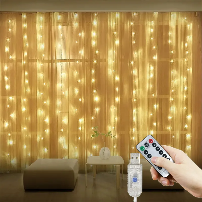 LED Curtain String Lights, Fairy Light, Guirlanda, USB, Feriado, Decoração de Casamento, Festa de Natal, Ano Novo, 8 Mode, 3 m, 4 m, 6m, 2022