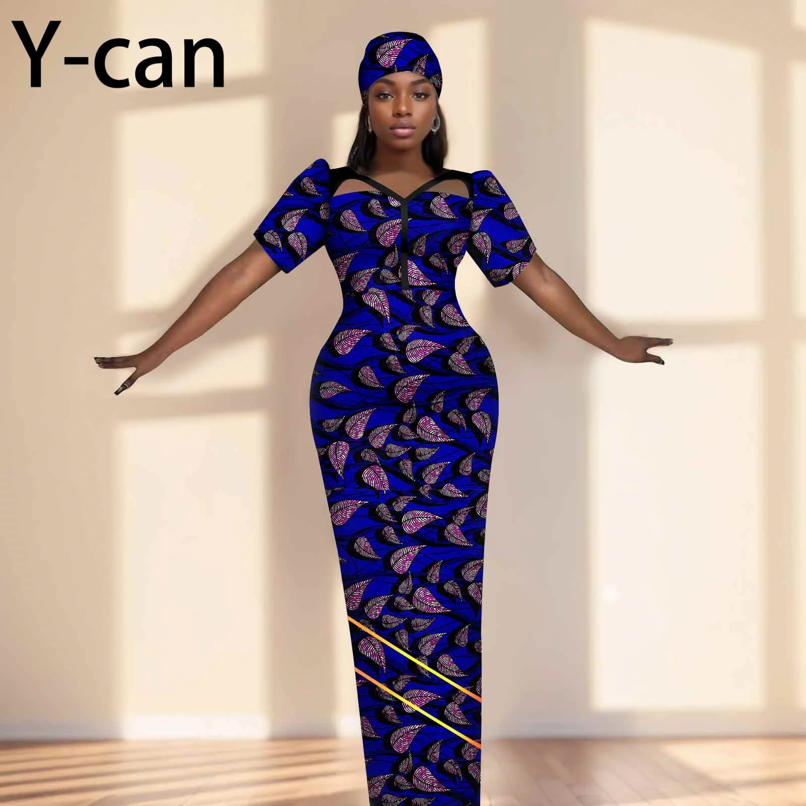 Party Gown African Dresses for Women Slim Fit Short Sleeve Dress Evening Vestidos with Headwrap Dashiki Ankara Print 2525071