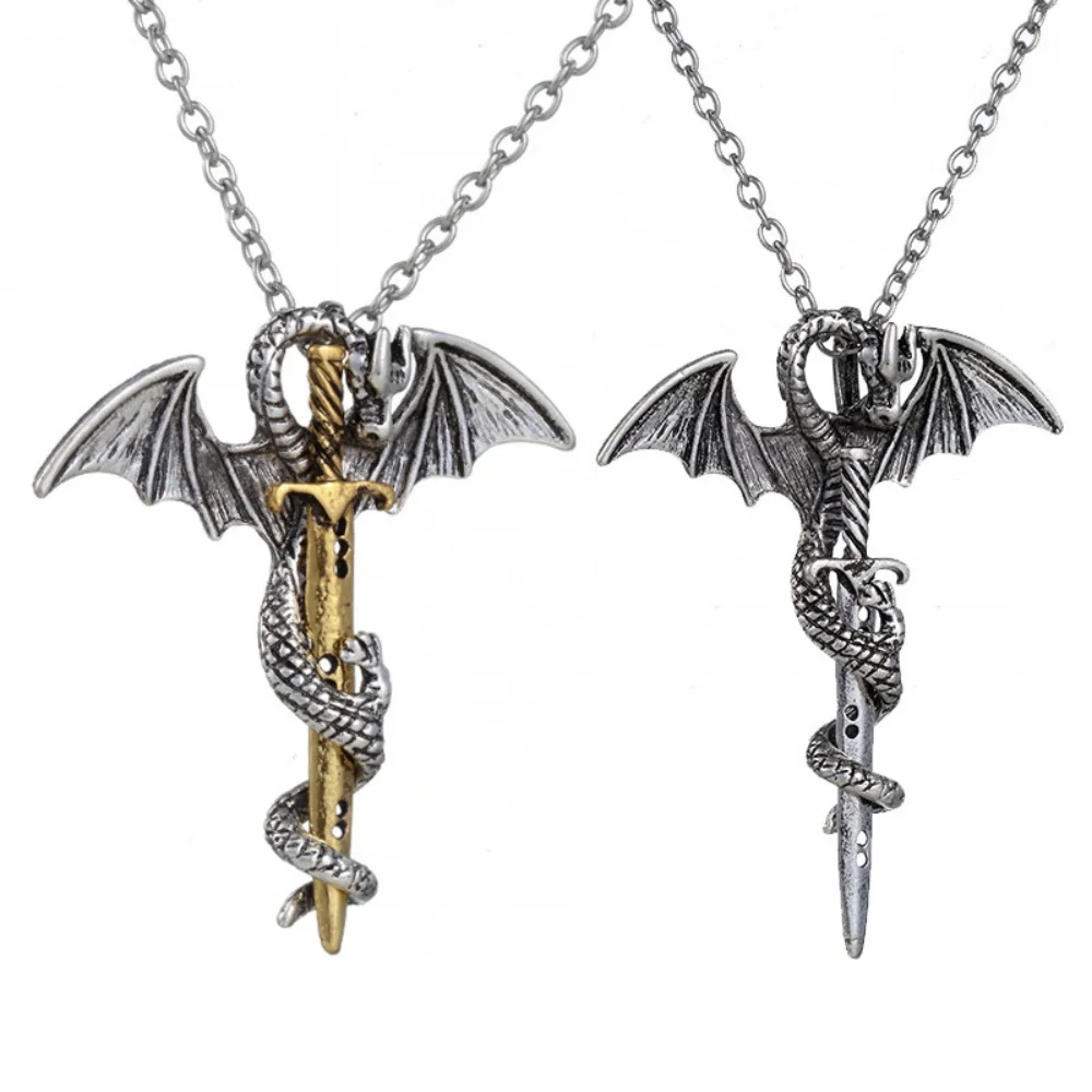 Hot Geometry Dragon Wrapped Sword Pendant Necklace for Men and Women Trendy Retro Punk Hip Hop Party Charm Animal Jewelry Gift
