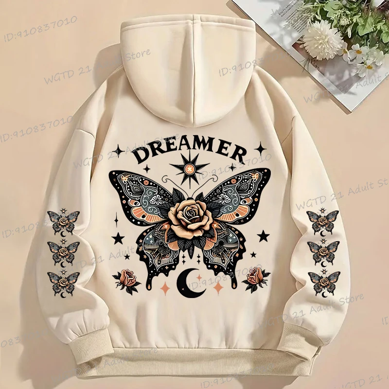 Fleece Women's Butterfly Print Butterfly Print Hoodies Long Sleeve Casual Pocket Hooded Vintage Butterfly Rose Fall Winter Hoody