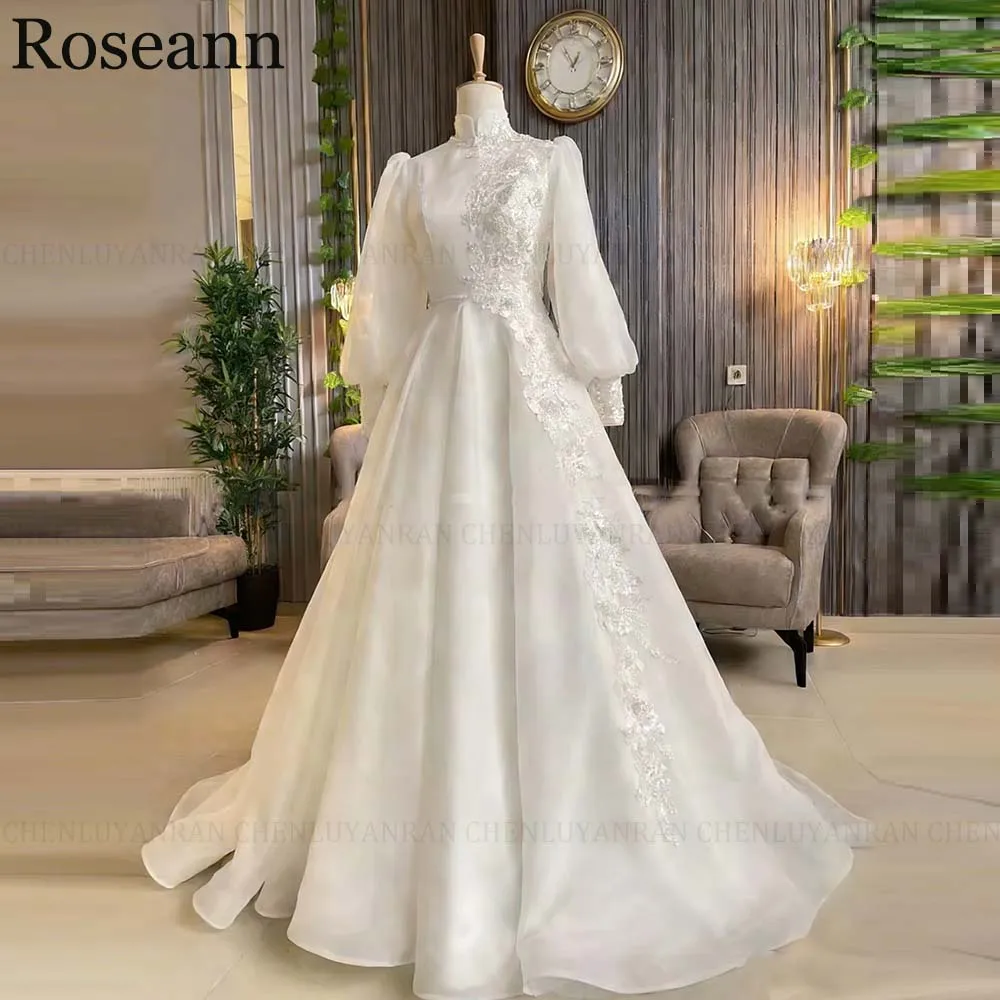 Suknia ślubna muzułmańska na zamówienie dla kobiet 2026, prosta, z wysokim dekoltem, koronkowymi aplikacjami, długimi rękawami, fason A, suknie ślubne arabskie.
