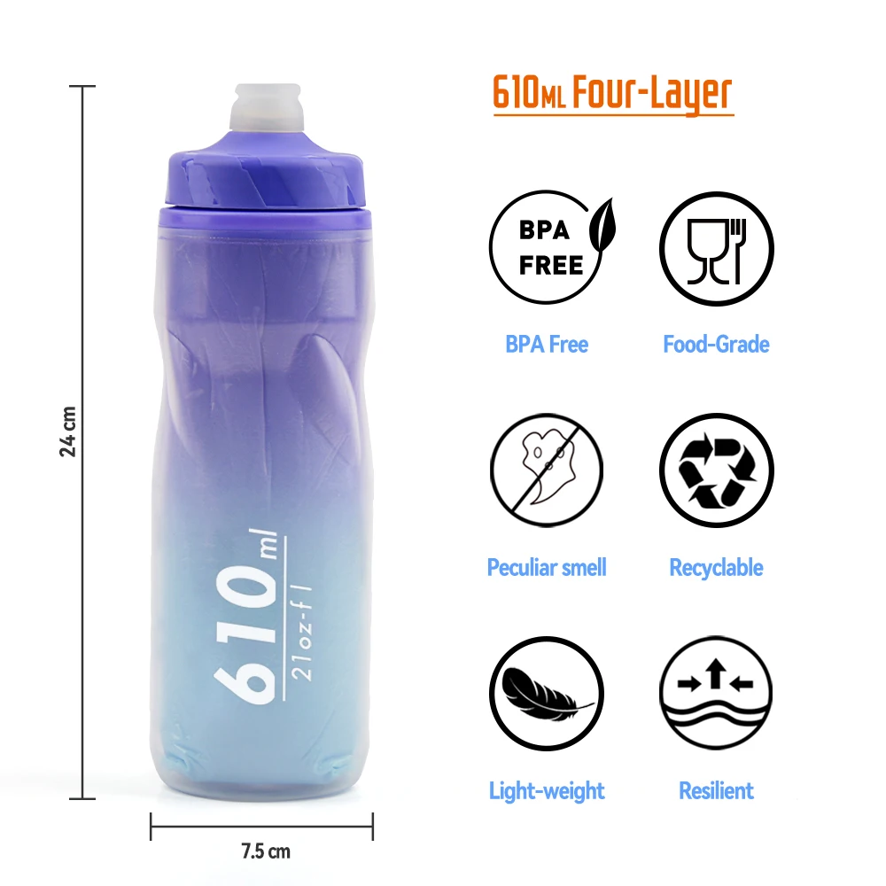 Factory Direct Gradient Bike Water Bottle 610ml Double Layer BPA  Leak-Proof Thermal Insulation One-Hand Squeeze Operation