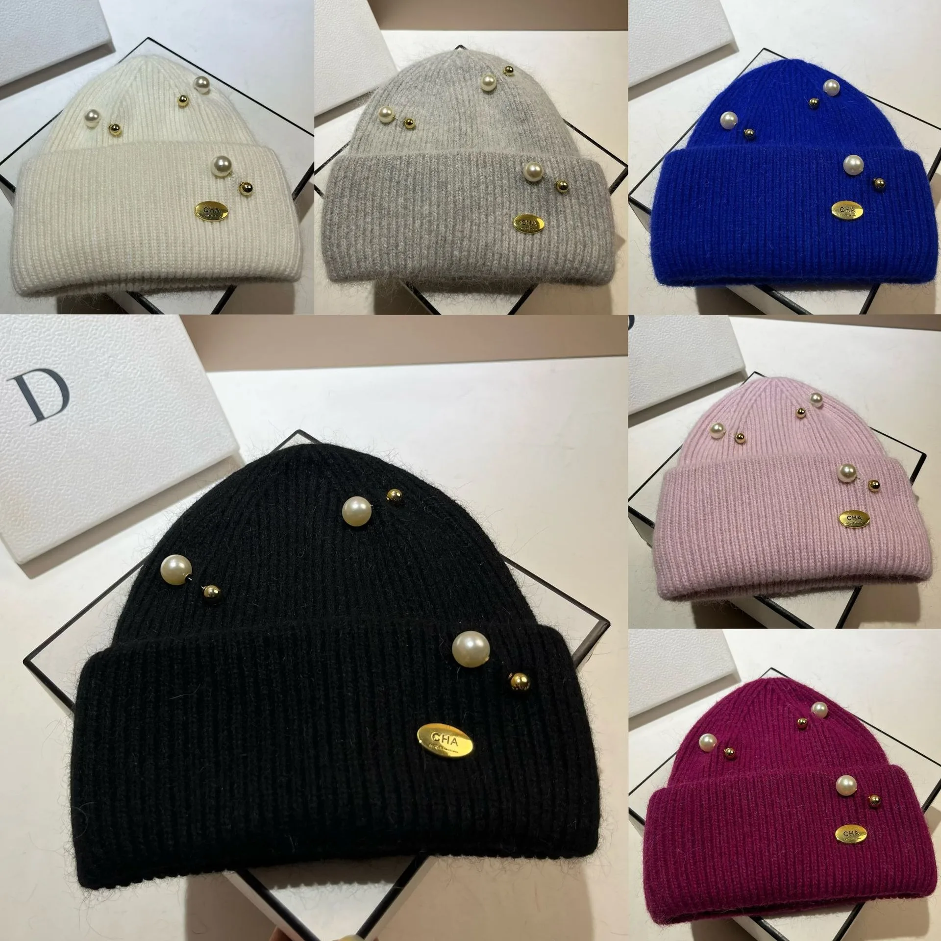 Designer Pearls Brooch Knitted Hat Women Luxury Metal Logo Wool Skullies Beanies Real Rabbit Fur Lady Warm Walking Bonnet Beanie