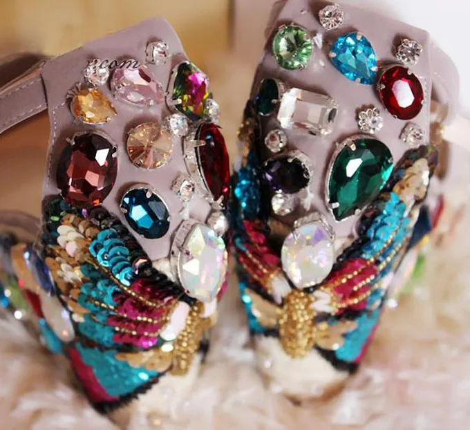 Colorful Butterfly Sequins Rhinestone Embellished Rope Braided Wedge Sandals Woman High Platform Peep Toe Summer Beach Shoes