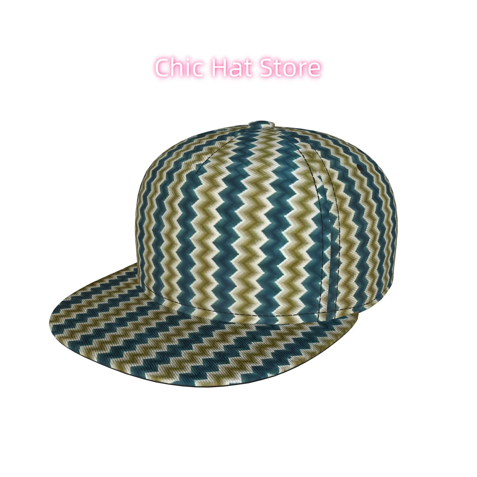 1pc Teal And Beige Chevron Pattern Fully Printed Hip-Hop Cap, Stylish Flat-Brimmed Baseball Cap, Trucker Caps Baseball Caps Golf view 3