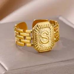 26 Initial Letter Stainless Steel Rings Women Gold Plated Finger Rings for Female Vintage Jewelry Trendy Accessories Name Gifts