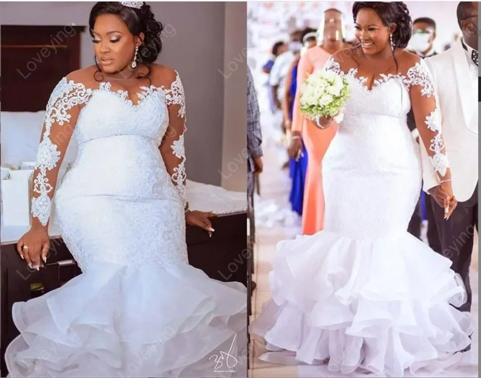 Customized Lace Appliques Long Sleeves Wedding Dresses Brush Train Robe De Mariee Black Girls Ruffles Organza Bridal Gown