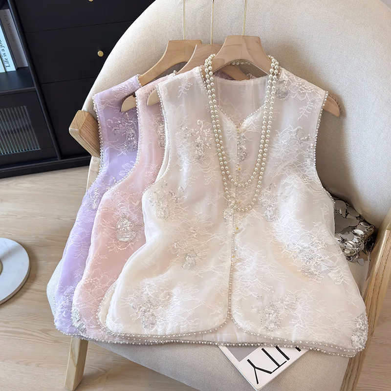 2026 Summer New Chinese Style Lace Embroidery Beaded Silk Organza Vest Women V Neck Sleeveless Top Apricot Pink Purple