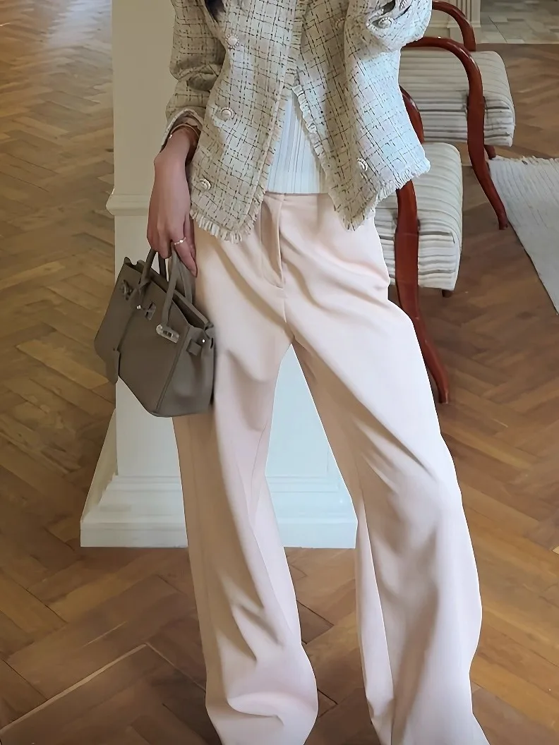 

Повседневные прямые брюки Linziqiu из искусственной кожи, розовые, универсальные, простые, подходят для всех сезонов, женские модные брюки с высокой талией