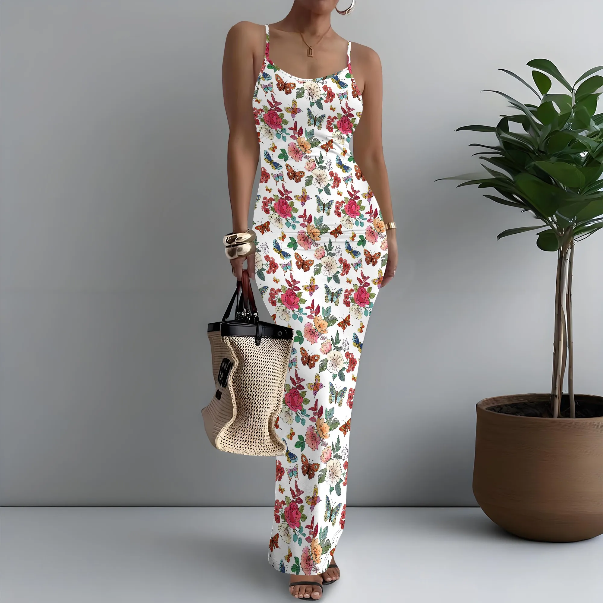 

Women's Spaghetti Strap Maxi Dress Playful Butterfly Print Retro Casual XS-3XL