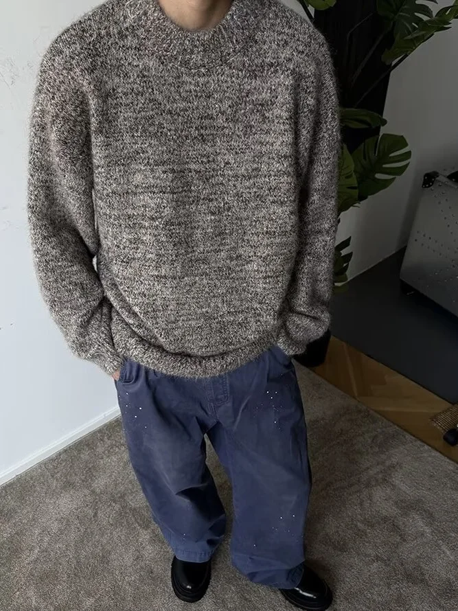 American Retro Loose Fit redondo Ne Knitwear Top ex Casual Sle Fibra de poliéster Long Sve Suéter térmico de color