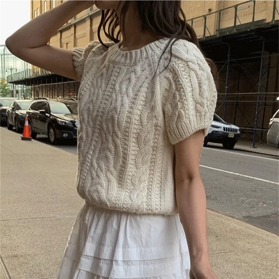 2026 Summer New Style Korean Heavy Work Knitted Sweater Short Sleeve round Neck Overhead Top Pure Color Twist Yarn Sweater