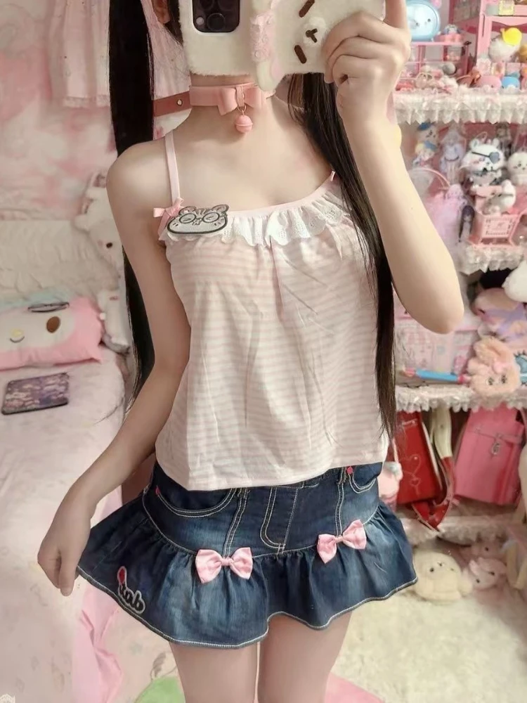 Sweet Kawaii Sling Pink Stripe Vest Women's Fashion Casual Lace Bow Lovely Japanese Camisole Design Chic Off Shoulder Outfits